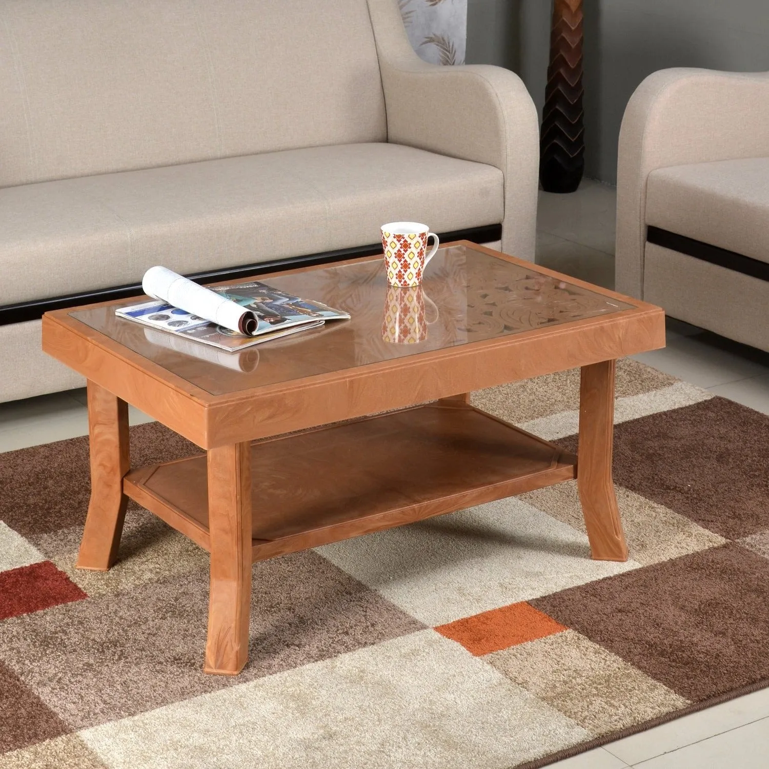 Nilkamal Center Table 2 Carv & Glass (Pear Wood)