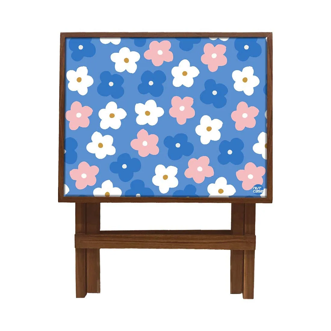 Nutcase Folding Side Table - Teak Wood -Cute Flower Blue