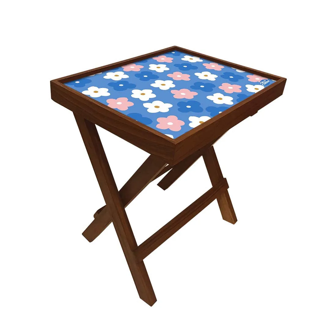 Nutcase Folding Side Table - Teak Wood -Cute Flower Blue