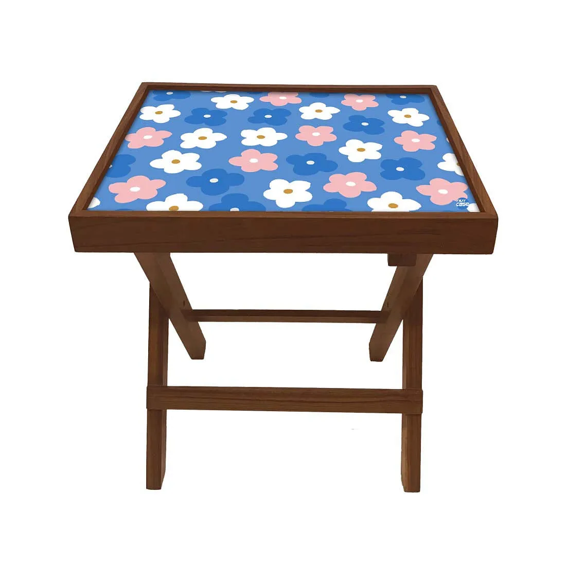 Nutcase Folding Side Table - Teak Wood -Cute Flower Blue