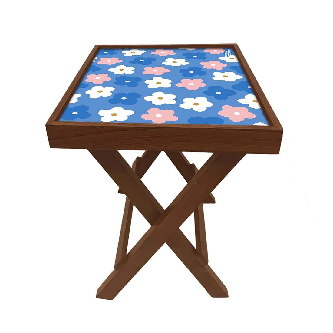 Nutcase Folding Side Table - Teak Wood -Cute Flower Blue