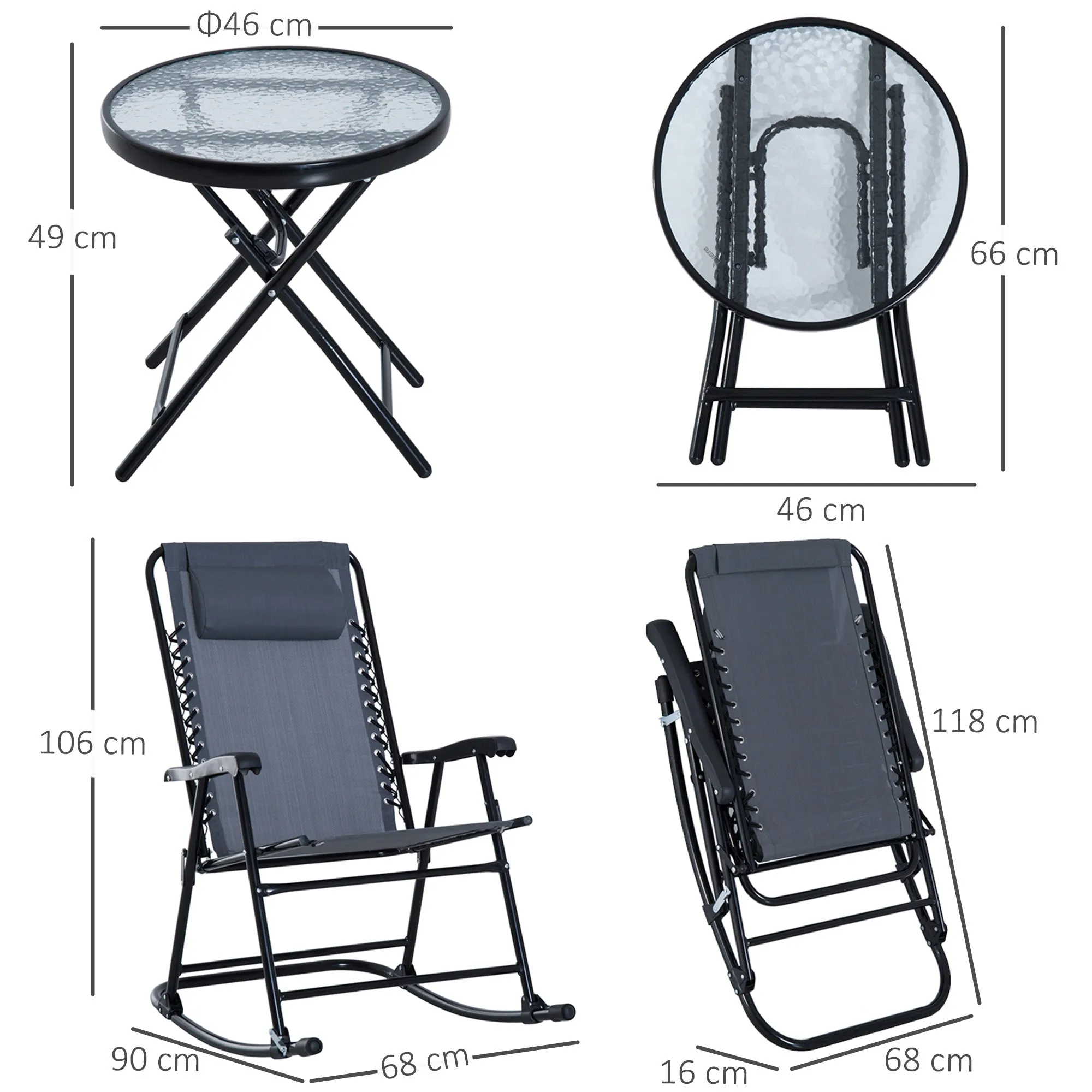 Outsunny 3 Piece Outdoor Rocking Bistro Set, Patio Furniture Set with 2 Folding Chairs and 1 Tempered Glass Table, Grey