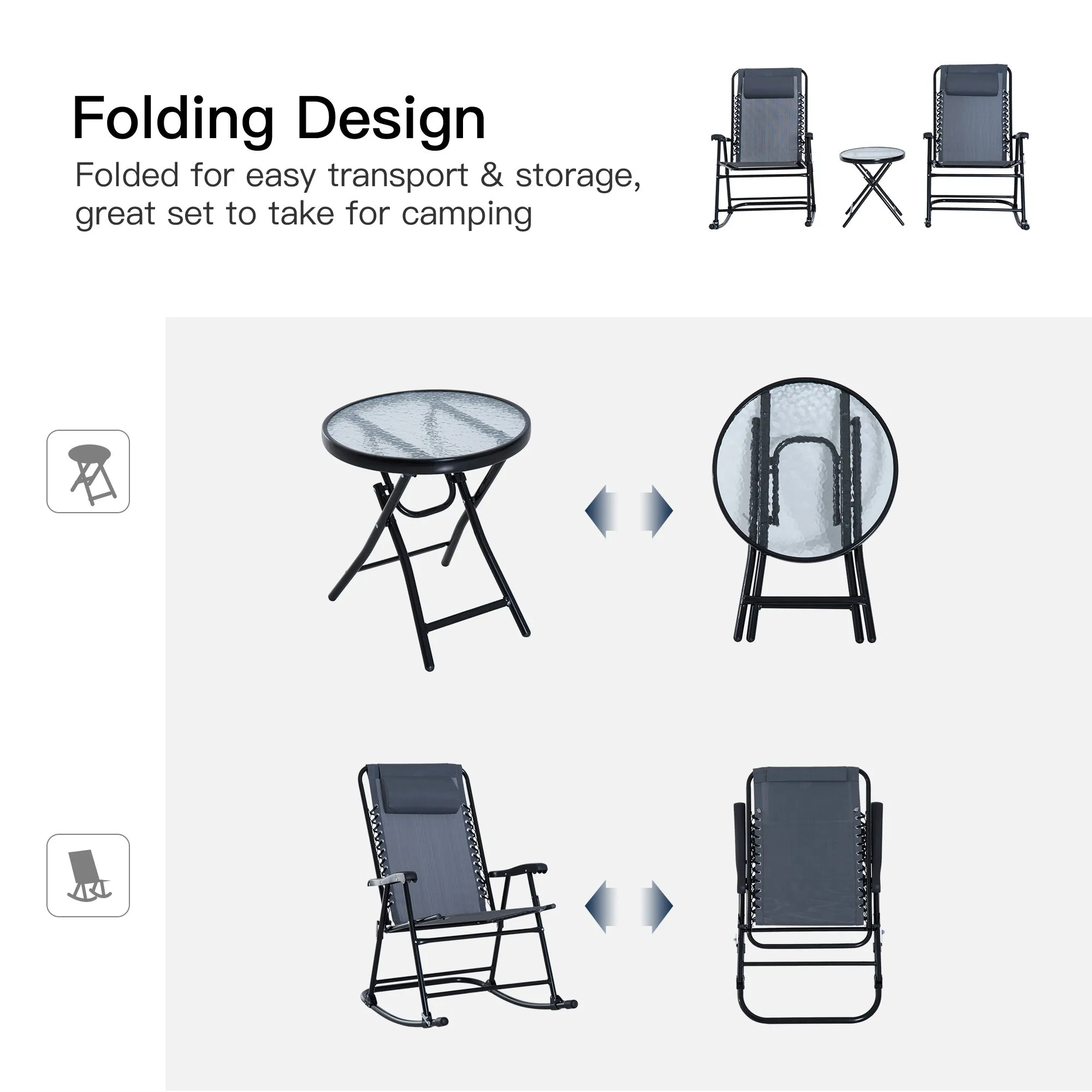 Outsunny 3 Piece Outdoor Rocking Bistro Set, Patio Furniture Set with 2 Folding Chairs and 1 Tempered Glass Table, Grey