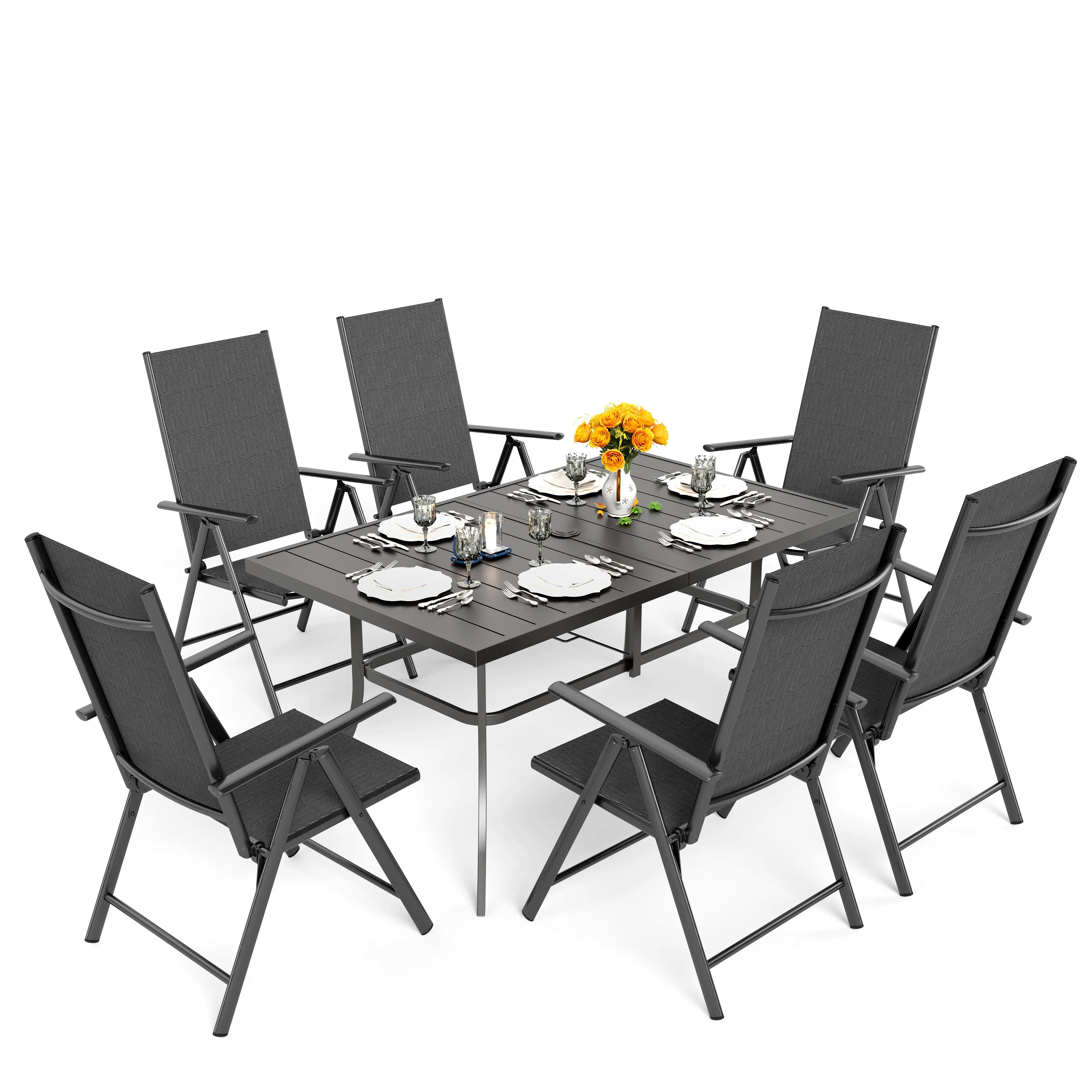 Phi Villa Patio 7/9 Piece Dining Set with Black Folding Sling Chairs & Steel Table