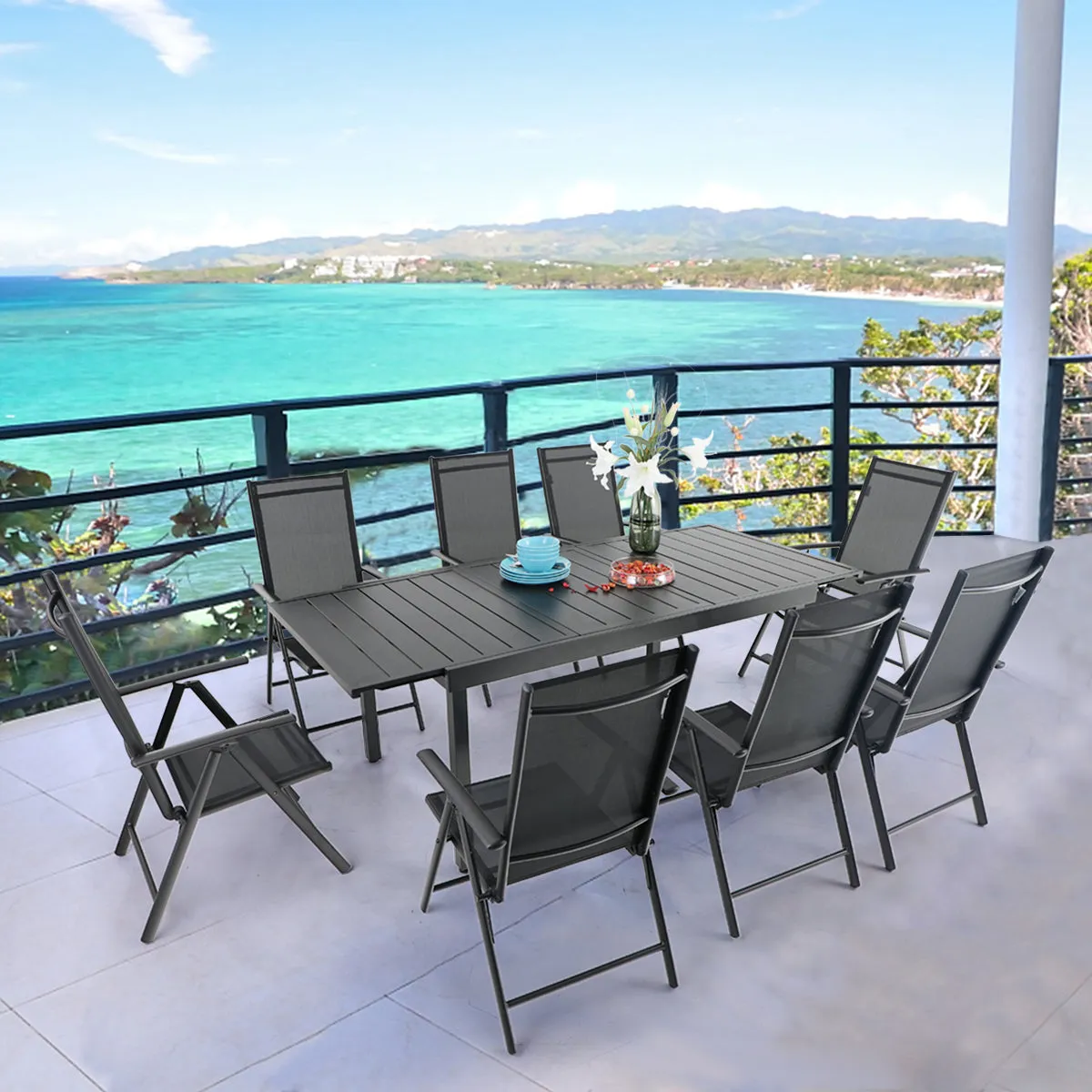 Phi Villa Patio 7/9 Piece Dining Set with Black Folding Sling Chairs & Steel Table