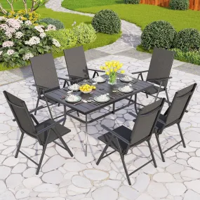 Phi Villa Patio 7/9 Piece Dining Set with Black Folding Sling Chairs & Steel Table