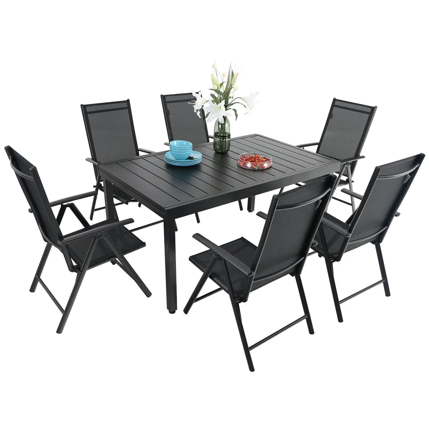 Phi Villa Patio 7/9 Piece Dining Set with Black Folding Sling Chairs & Steel Table