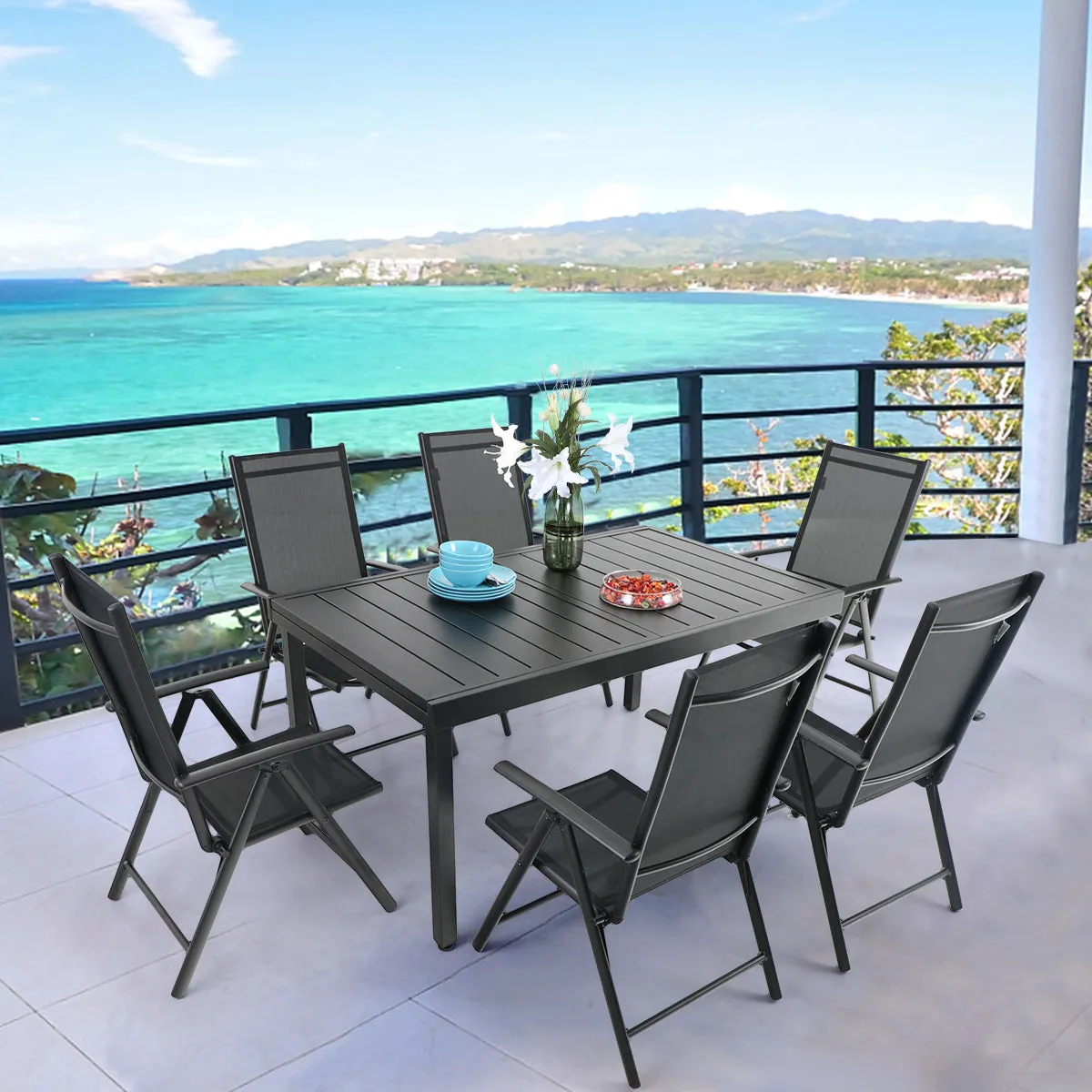 Phi Villa Patio 7/9 Piece Dining Set with Black Folding Sling Chairs & Steel Table