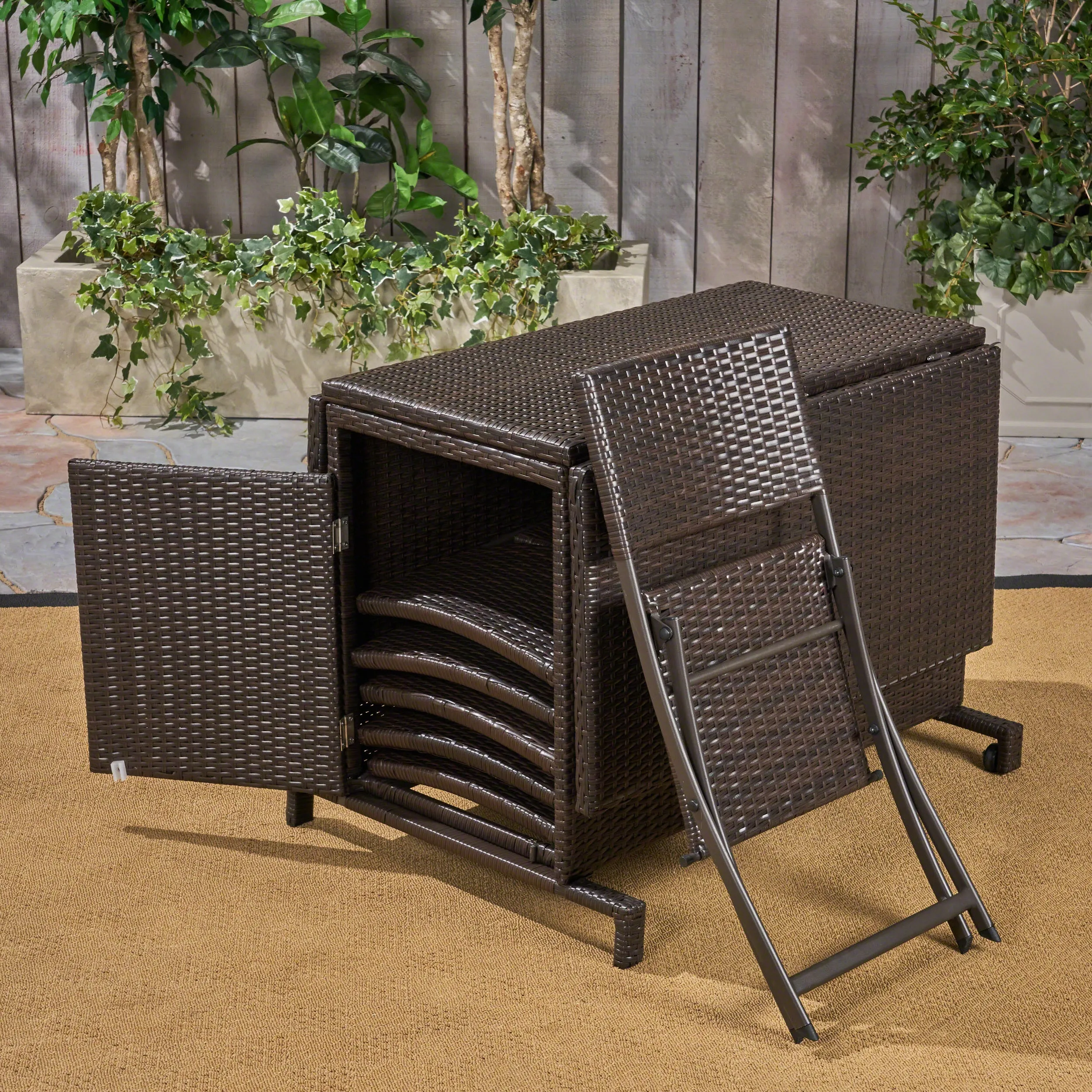 Zora Outdoor 7 Piece Foldable Wicker Dining Set, Multi Brown